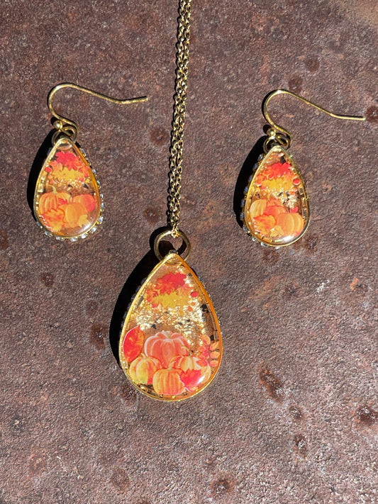 Golden Autumn Pumpkins Earring & Pendant Set